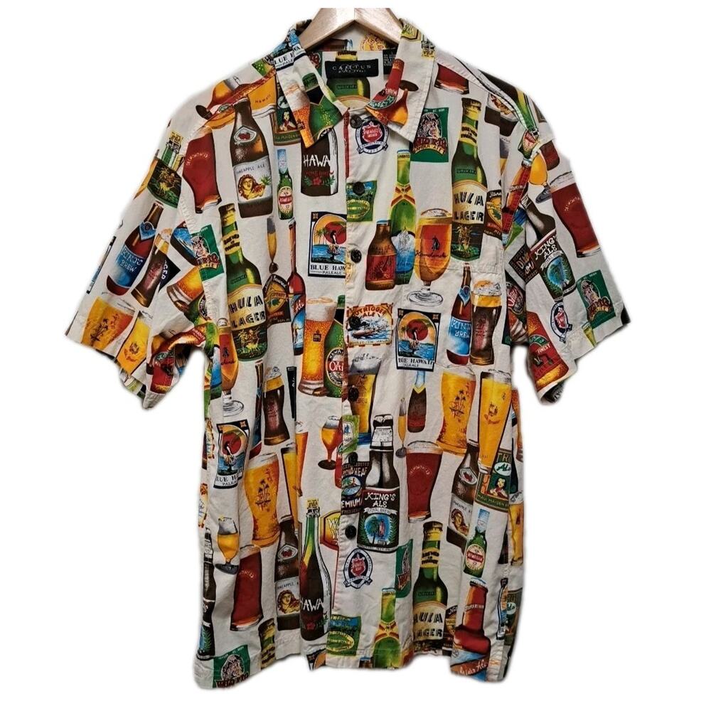Cactus Brand Hawaiian Beer Shirt Mens Large L Short Sleeve Button Up Camp Aloha